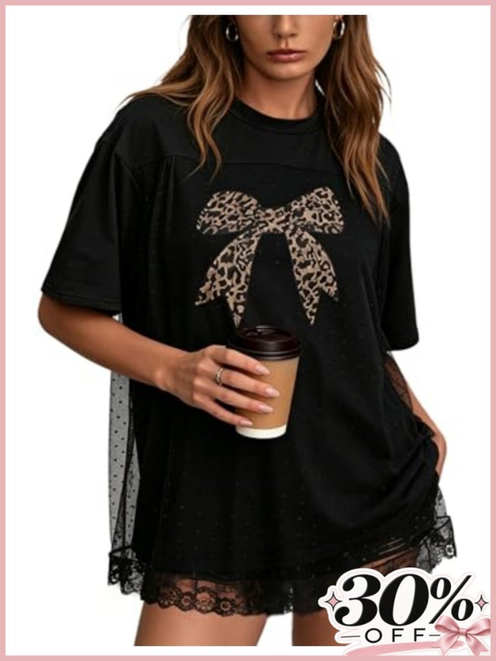 Oversized Graphic Tee for Women with Swiss Dot Tulle and Lace Trim